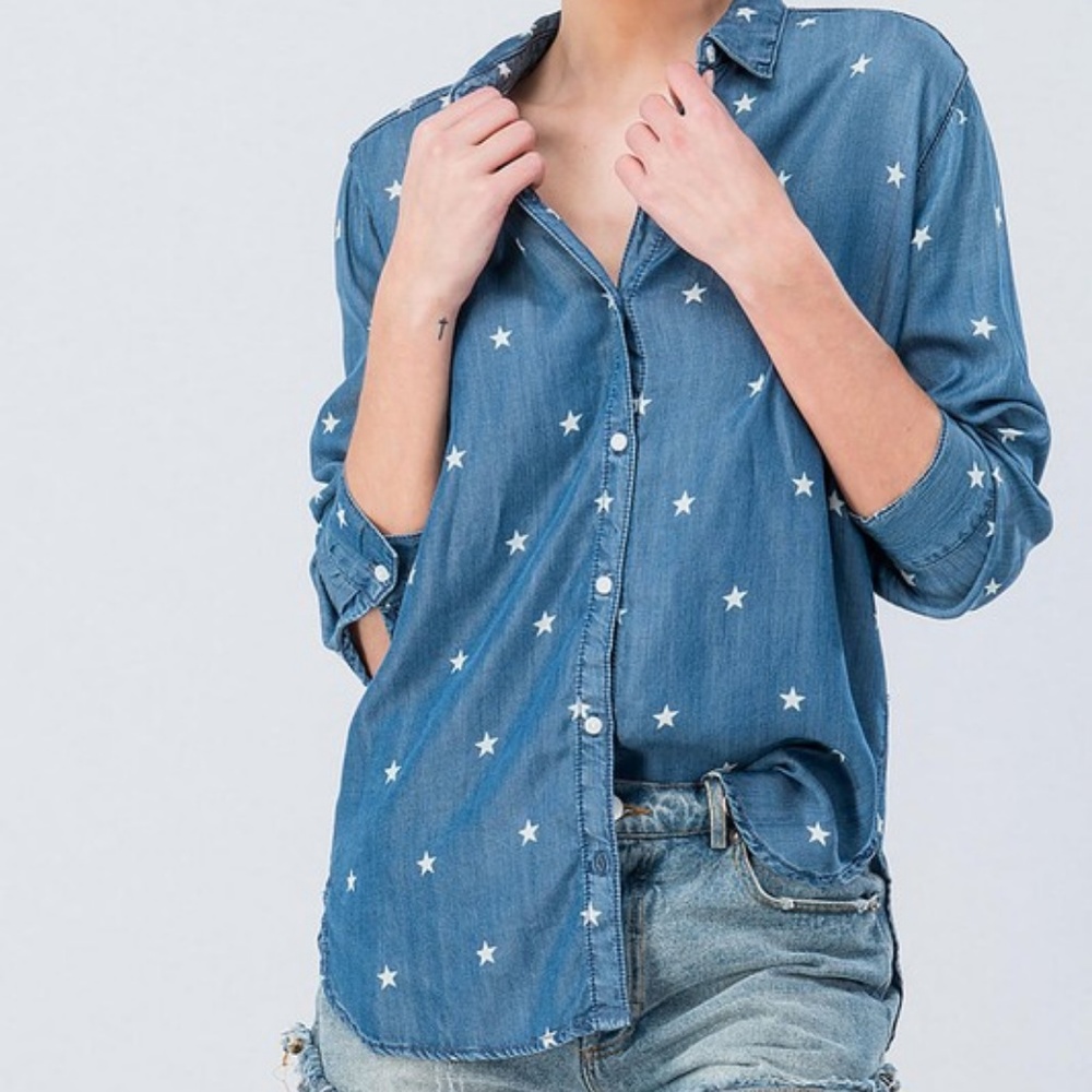 Denim Chambray Star Print Button Down Shirt